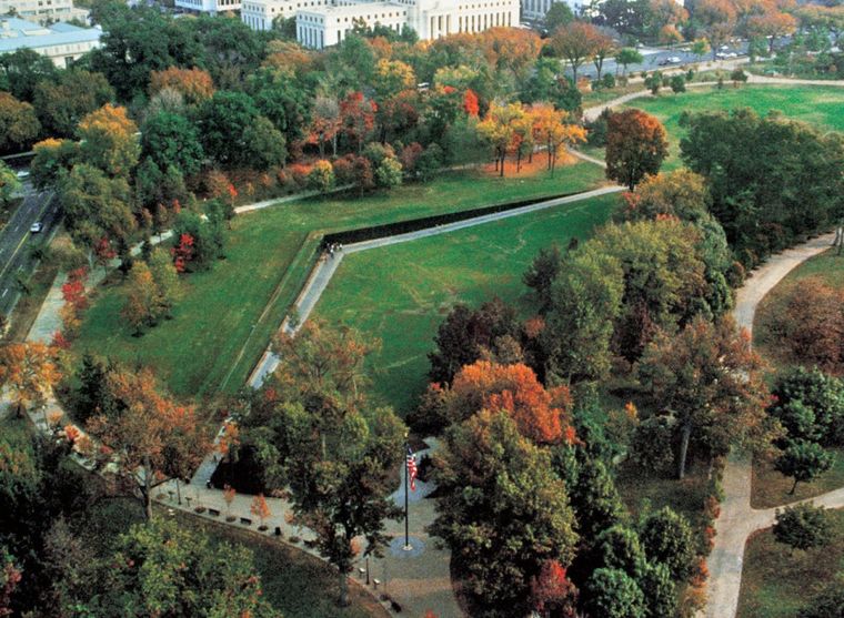 An aerial view of Maya Lin's v-shaped design of the Vietnam Veterans Memorial.

(Photo: © Maya Lin Studio/The Pace Gallery/Photo by Terry Adams/National Park Service)
