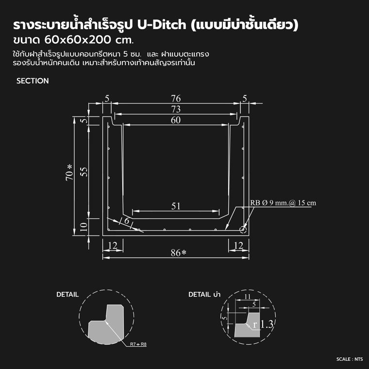 แชร์เก็บไว้ใช้งาน!! รวมสเปคและแบบ Drawing รางระบายน้ำสำเร็จรูป U-Ditch (แบบมีบ่า) ภาพประกอบ