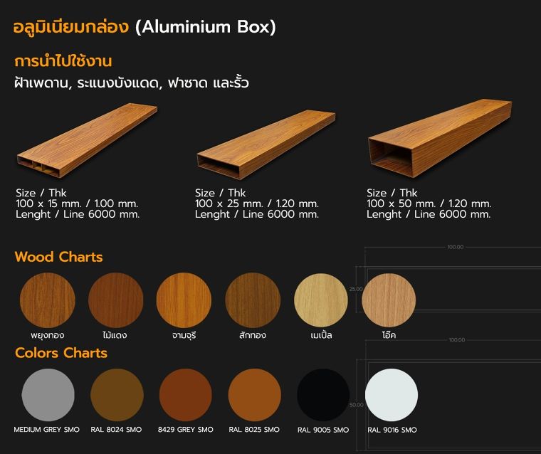 รวม Wood Charts และ Colors Charts อลูมิเนียมโปรไฟล์ลายไม้ (แบบเส้น) สำหรับใช้ในงานสถาปัตยกรรม ภาพประกอบ