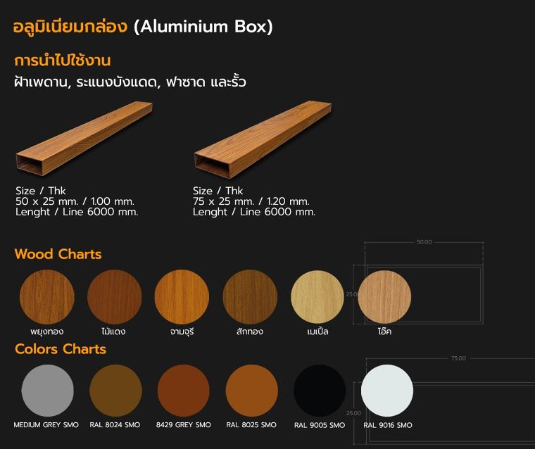 รวม Wood Charts และ Colors Charts อลูมิเนียมโปรไฟล์ลายไม้ (แบบเส้น) สำหรับใช้ในงานสถาปัตยกรรม ภาพประกอบ