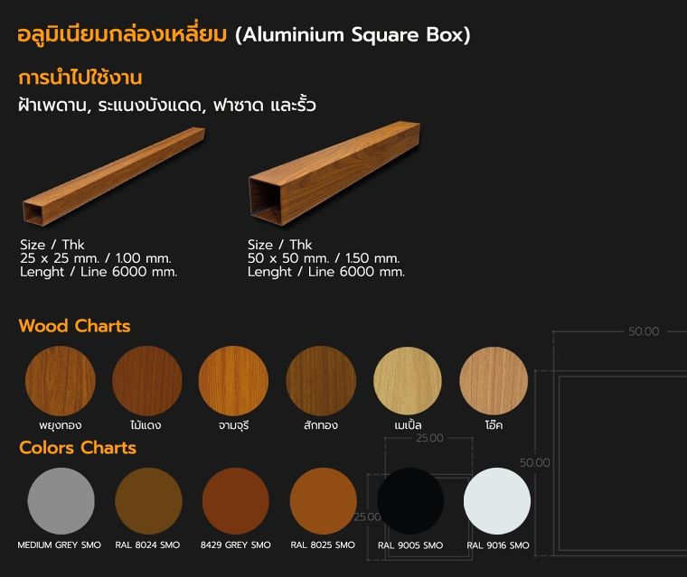 รวม Wood Charts และ Colors Charts อลูมิเนียมโปรไฟล์ลายไม้ (แบบเส้น) สำหรับใช้ในงานสถาปัตยกรรม ภาพประกอบ