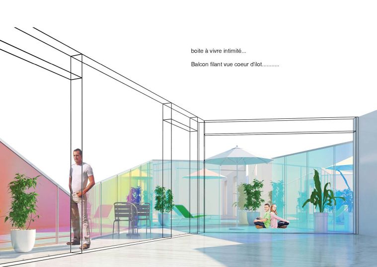 การออกแบบระเบียงอาคาร ด้วยวัสดุกระจกเคลือบสีเพื่อสร้างมิติเฉดเงาให้งานสถาปัตยกรรมในสีสันที่สดใส "FULTON-A5A1: PROJECT" ภาพประกอบ