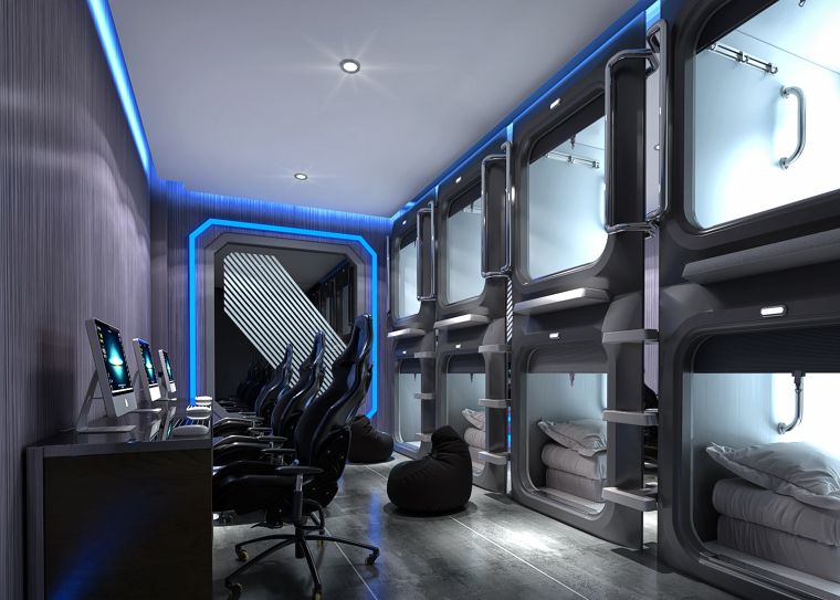 การตกแต่ง Hostel สไตล์&nbsp;Futuristic&nbsp;การตกแต่งแบบผสมผสานความล้ำสมัย เสมือนโลกอนาคต