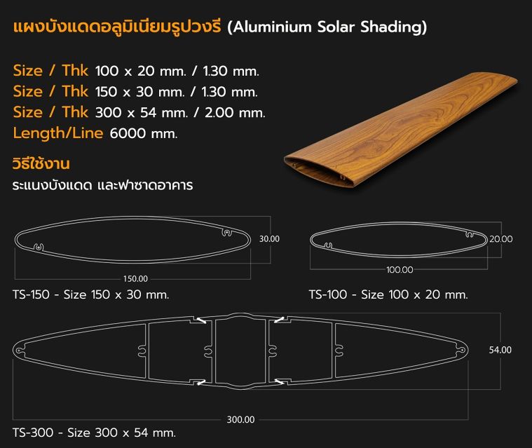 Detail Section ขนาดหน้าตัดอลูมิเนียมโปรไฟล์ลายไม้ (แบบเส้น) สำหรับงานสถาปัตยกรรม ภาพประกอบ