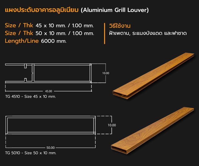 Detail Section ขนาดหน้าตัดอลูมิเนียมโปรไฟล์ลายไม้ (แบบเส้น) สำหรับงานสถาปัตยกรรม ภาพประกอบ