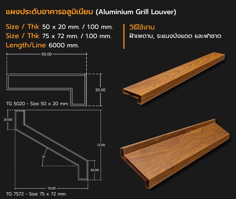 Detail Section ขนาดหน้าตัดอลูมิเนียมโปรไฟล์ลายไม้ (แบบเส้น) สำหรับงานสถาปัตยกรรม ภาพประกอบ