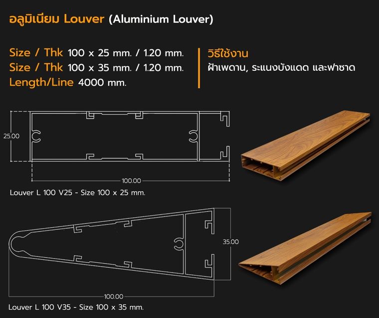 Detail Section ขนาดหน้าตัดอลูมิเนียมโปรไฟล์ลายไม้ (แบบเส้น) สำหรับงานสถาปัตยกรรม ภาพประกอบ