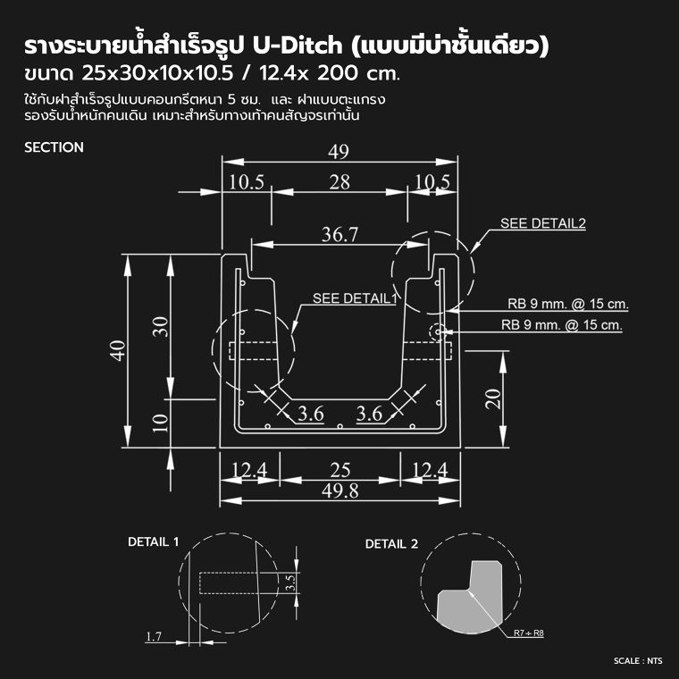 แชร์เก็บไว้ใช้งาน!! รวมสเปคและแบบ Drawing รางระบายน้ำสำเร็จรูป U-Ditch (แบบมีบ่า) ภาพประกอบ