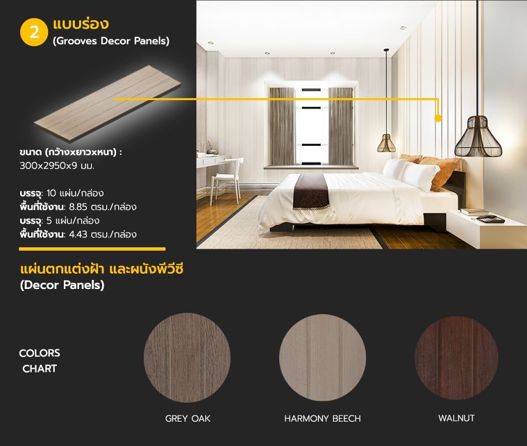 แผ่นตกแต่งฝ้า และผนังพีวีซี (Decor Panels) มีกี่ชนิด แต่ละชนิดมีลักษณะ ขนาด และโทนสีที่ต่างกันอย่างไร ภาพประกอบ