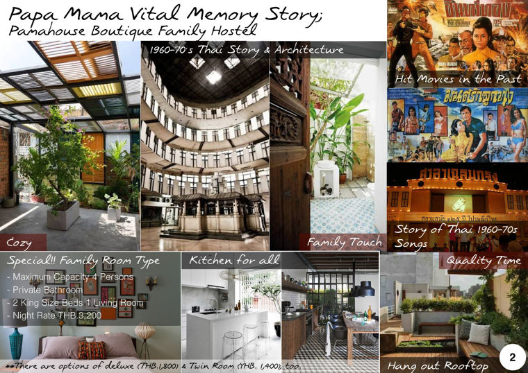 แบบที่ 2: Papa Mama Vital Memory Storyแบบนี้เป็นแบบที่เป็นตัวของเรามากที่สุด เกิดจากการดึงเอาความเป็น Vital Memory ของยุคสมัยพ่อแม่จีบกัน มาเล่าเรื่องราวให้น่าสนใจ เช่น รูปแบบของสถาปัตยกรรมยุคนั้น (ประมาณ 2499 อันธพาลครองเมืองได้ 55) เรื่องราวของหนังไทยในอดีต เรื่องราวของเพลงลูกกรุง เป็นไทยยุคกลางๆ ที่เริ่มมีความ Modern จากฝั่งตะวันตกเข้ามามีบทบาทเพิ่มขึ้นแล้ว (ที่เค้าเรียกกันว่า Style Art Deco สถาปัตยกรรมยุคนี้ก็เช่น โรงหนังสกาล่า หรือห้างไทยไดมารูอะไรอย่างนี้เป็นต้น 