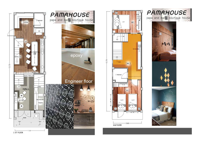 Layout Plan ชั้น 1คุณเบิร์ดได้ออกแบบให้จากทางเข้าหน้าถนนเข้ามาเป็นส่วนของ Lobby ที่เคาน์เตอร์รับแขกอยู่ด้านหน้า ขณะเดียวกันนั้นก็เจียดพื้นที่เล็กๆ ริมกระจกให้เป็นที่นั่งรับรองแบบ Bench ยาว ภายในเคาน์เตอร์นั้น นอกจากจะใช้เป็นฟังก์ชั่นการ Check in ของแขกที่มาพักแล้ว เรายังขอให้คุณเบิร์ดพยายามวางฟังก์ชั่นในที่อันน้อยนิดนี้ ให้สามารถชงกาแฟได้อีกด้วย เพราะตัวเราเองนั้นชอบกาแฟมาก และคิดว่าก็น่าจะดีต่อแขกที่มาพักและเป็นการหารายได้เพิ่มไปอีกทาง ตอนกลาง (Bay เสาที่ 2 ของตึก) จัดเป็น Dining Area แต่มีความเชื่อมโยงกับด้านหน้าโดยไม่ปิดทึบ และ Bay เสาสุดท้าย เดิมเป็นครัวและห้องน้ำ คุณเบิร์ดก็ยังคงฟังก์ชั่นตามเดิม โดยเรากับน้องมีไอเดียว่า อยากให้เป็นครัวที่แขกเข้าไปใช้งานได้ด้วย (ตาม Concept ของ Family Hostel ที่มักจะมี Pantry หรือครัวให้แขกที่มาพักใช้งานได้)ส่วน Layout Plan ชั้น 2คุณเบิร์ดออกแบบมาเป็นห้องแยกหน้าหลังธรรมดา...แต่เมื่อพิจารณาดูแล้ว เราได้แจ้งคุณเบิร์ดไปว่าอยากให้เป็นห้อง Combine เพื่อการขาย และเพื่อตอบคอนเซปท์ด้วย คือ PAMAhouse ที่เราวางแนวทางไว้คือต้องการให้เป็น Boutique Hostel คือ คือจะไม่เน้นส่วนของ Dorm แต่จะมีลักษณะเป็นห้องๆ มากกว่า โดยหวังจับ Segment ของคนที่มาเป็นกลุ่ม โดยเฉพาะครอบครัว แล้วอยากได้ที่พักในระดับราคาคล้ายๆ กับ Hostel และเรามี Believe ว่า การมาไกลต่างแดนถึงเพียงนี้แล้ว จุดแข็งของ Hostel ที่น่าสนใจกว่าโรงแรมใหญ่คือมีพื้นที่ส่วนกลางให้ได้ใช้เวลาอยู่ร่วมกัน ไม่ใช่ต่างคนต่างแยกย้ายเข้าห้องนอนเพราะเหนื่อยแล้วและเพราะโรงแรมอาจไม่มีพื้นที่ส่วนกลางที่เป็นส่วนตัวและอบอุ่นพอ หรือไม่ก็ต้องไปใช้บริการร้านต่างๆ ของโรงแรมซึ่งต้องเสียเงินอีก แบบนี้ก็ไม่ได้ใช้เวลาร่วมกันพอดี ชั้นนี้จึงเป็นพื้นที่ที่ตอบโจทย์สิ่งที่เราคิดได้ เลยขอให้คุณเบิร์ดช่วยปรับแก้ให้ใหม่