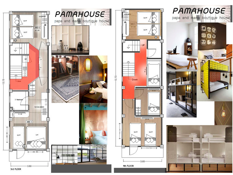 Layout Plan ชั้น 3คุณเบิร์ดออกมาเป็นห้อง Combine แต่ทางเราขอสลับกับชั้น 2 เพราะชั้น 3 เป็นชั้นที่ห้องนอนใหญ่มีเฟอร์นิเจอร์เก่าที่พอใช้งานได้ต่อ เลยขอให้คงสภาพไว้Layout Plan ชั้น 4ต้องยอมรับว่า Draft แรกของคุณเบิร์ดนี้ สุดยอดแห่งความคุ้มในการใช้พื้นที่อย่างมาก สามารถใช้พื้นที่ทุกติ่งให้กลายเป็นห้องนอนได้หมด 555 เราเห็นแล้วยังอยากนอนในห้องเล็กๆ ตรงที่ขึ้นบันไดมาแล้วเจอเลยเลย 55 แต่สุดท้ายเราค้นพบปัญหาคือ ห้องน้ำของเราน่าจะไม่เพียงพอต่อผู้ใช้ เพราะฉะนั้นก็จะเป็นโจทย์ให้ต้องพัฒนาแบบต่อ