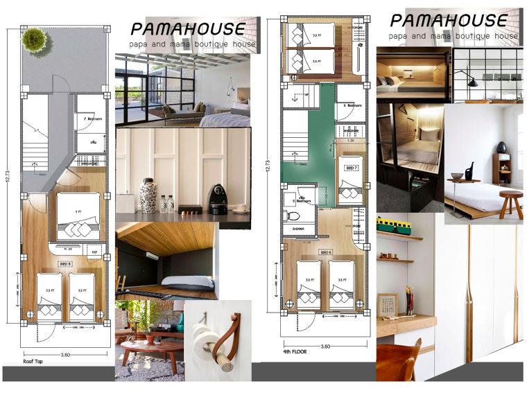 บอร์ดนี้ด้านขวาเป็น Layout Plan ชั้น 4 อีก 1Option ได้ห้องน้อยลงมาหน่อย แต่ก็ยังห้องนำ้น้อยไปอยู่ คาดว่าจะยังคงไม่ตอบโจทย์ส่วน Layout Plan ชั้น 5 (ด้านซ้ายของบอร์ดภาพ)คุณเบิร์ดก็จัดมาให้ถึง 2 ห้อง และคงเหลือพื้นที่ดาดฟ้าไว้ให้เป็น Gimmick ในการสร้างพื้นที่ Sharing Space กันแบบ Pocket แต่ตรงนี้ น้องสาวเราบอกเลยว่า ต้องจัดให้เป็น Hilight ของงานให้ได้!! ก็เป็นโจทย์ในการพัฒนาแบบเช่นกัน