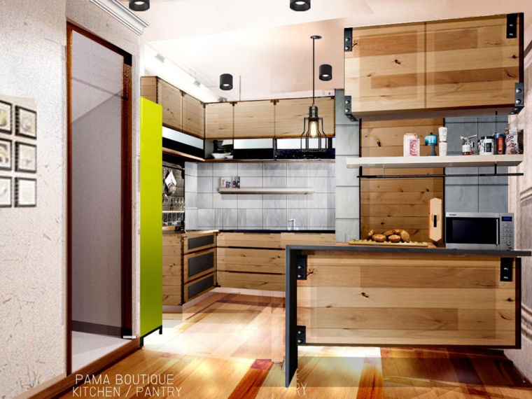 ภาพ Interior 3: Kitchenครัวที่โดดเด่นด้วยเคาน์เตอร์ครัวสั่ง Built-in ใช้วัสดุหลักเป็นบานไม้สน มีบาร์เล็กๆ กั้นระหว่าง Dining และครัวอยู่บอกตามตรงว่าชอบที่ความสวยงามของมัน แต่ยังไม่มีประสบการณ์ใช้งานมาก่อน ยังไม่แน่ใจเรื่องความทนทานหรือการดูแลรักษาเท่าไหร่นัก แต่พอเอาอารมณ์นำแล้ว ชอบบบบบ 555